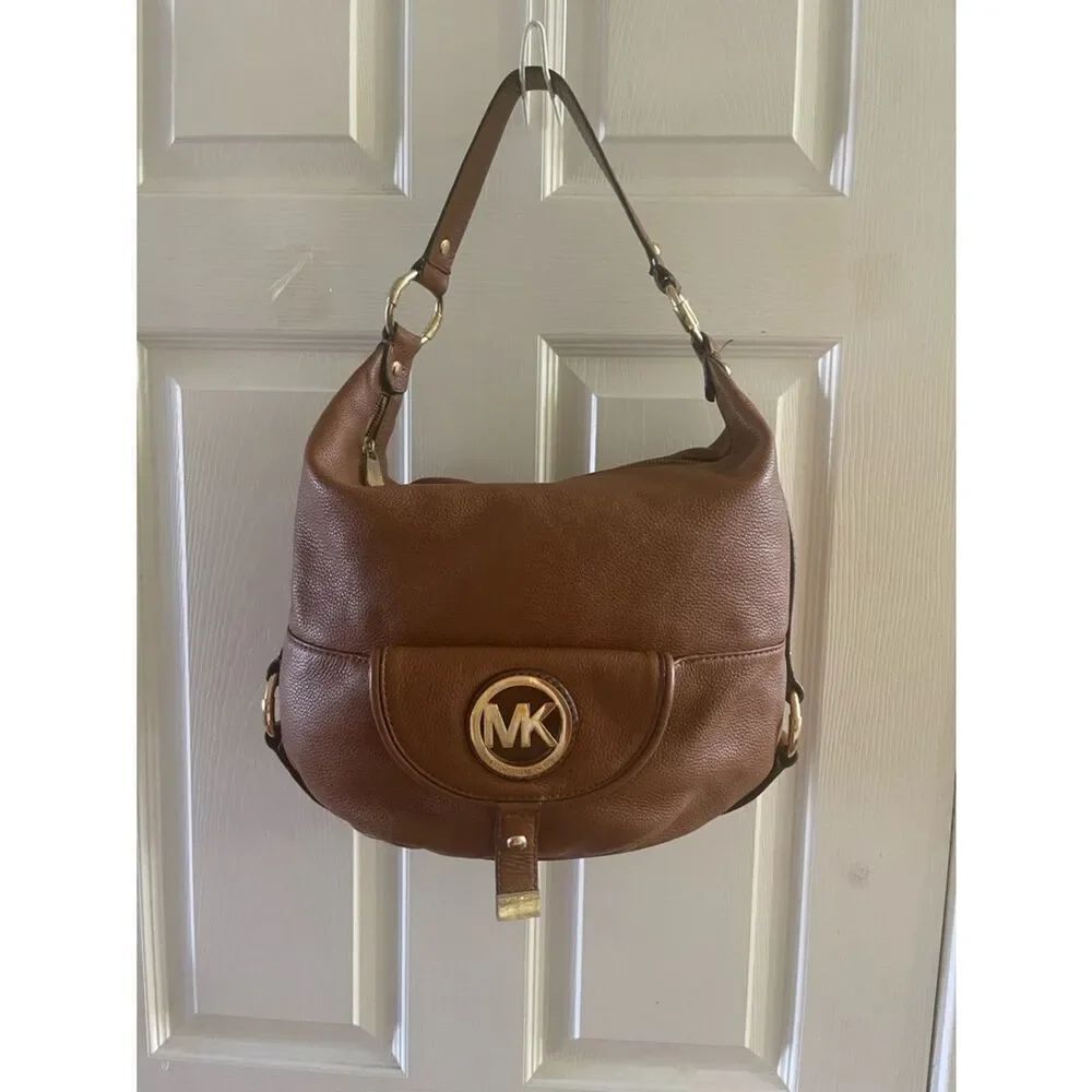 Michael Kors Chestnut Brown Leather Shoulder Bag with Gold Hardwares